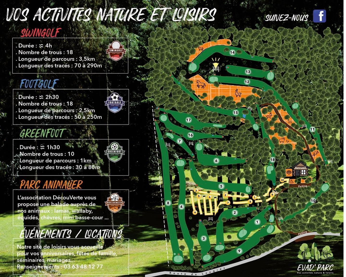Plan du parc Evad'Parc : implantation des activités swingolf, footgolf, discgolf, greenfoot et parc animalier